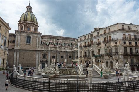 Baroque Fountain With Nude Figurines On Piazza Pretoria In Paler Editorial Image Image Of