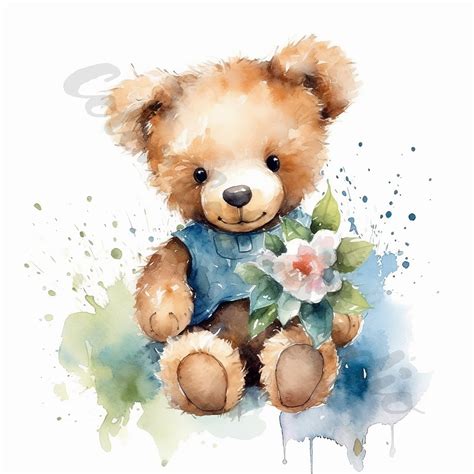 Watercolor Teddy Bear Clipart 16 High Quality Pngs Digital Download Commercial Use Card Making