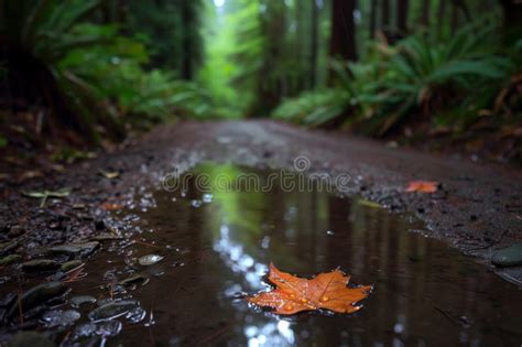 Leaf Floating In A Small Puddle On A Forest Trail Stock Image Image