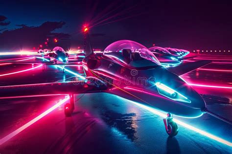 A Line Of Sporty Airplanes Races On A Runway Illuminated By Neon Lights