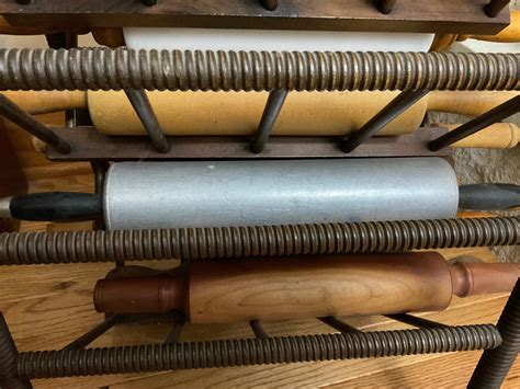 Lot Large Group Of Antique And Vintage Rolling Pins In Rack