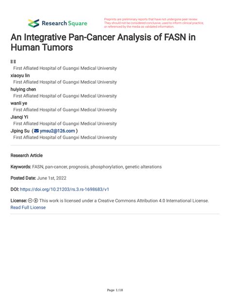 Pdf An Integrative Pan Cancer Analysis Of Fasn In Human Tumors