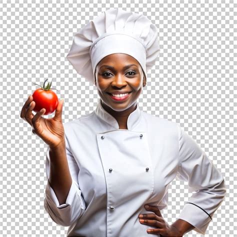 Premium Psd Happy Black Woman Chef Holding Tomato In Hand
