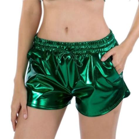 Women Girl Metallic Shiny Shorts Mini Party Club Pu Elastic Waist Casual Dance Ebay