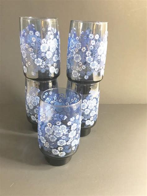 Vintage Libbey Blue Flower Glasses Mcm Libbey Tumblers Daisies Etsy