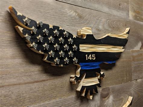 Thin Blue Line Carved Wooden American Flag Eagle With Unique Chisel