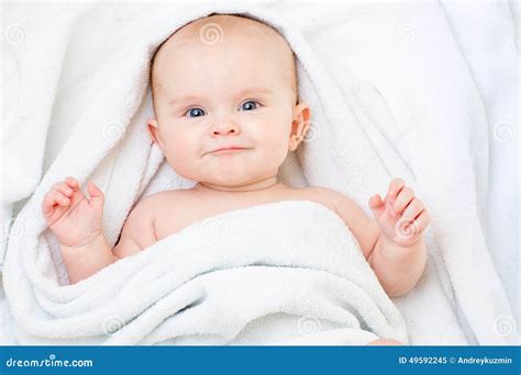 Cute Smiling Baby Girl Lying On White Towel Stock Image Image Of