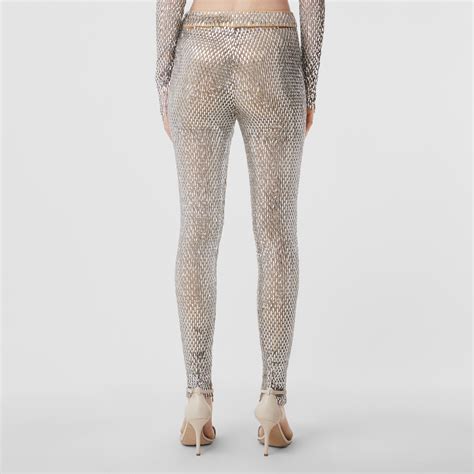 Metallic Crystal Embellished Mesh Leggings In Clear Women Burberry