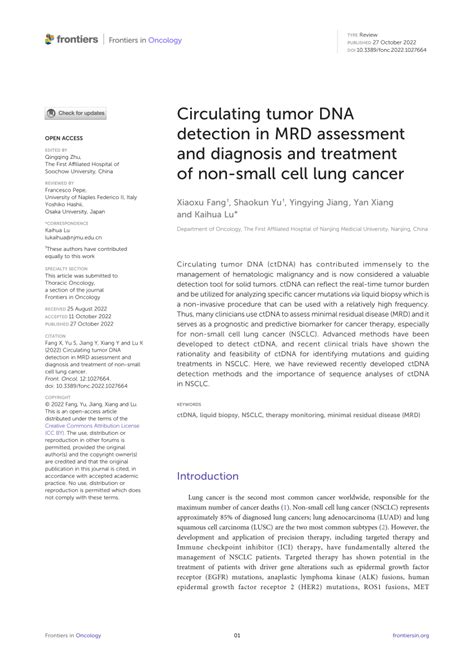 PDF Circulating Tumor DNA Detection In MRD Assessment And Diagnosis