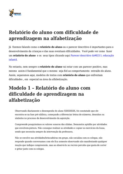 Exemplo De Relatório Descritivo De Aluno Braincp