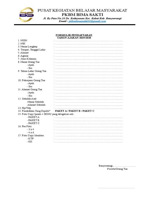 Formulir Pendaftaran Pkbm Bima Sakti Pdf