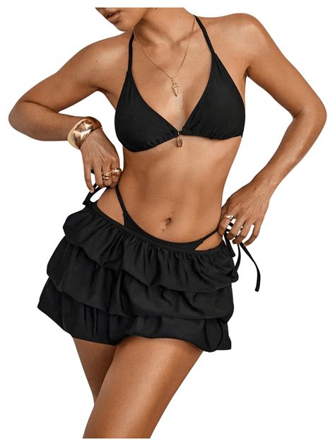 RoseSeek Women S 3 Piece Bikini Set Halter Triangle Swimsuit Bathing Suit With Tiered Layer