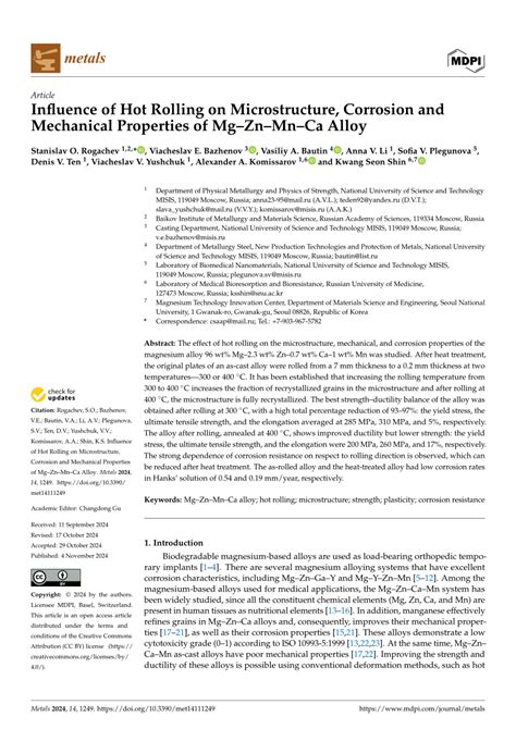 PDF Influence Of Hot Rolling On Microstructure Corrosion And Mechanical Properties Of MgZn