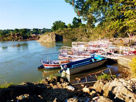 Boate On The River Corner In Narmada River Jabalpur India Stock Image