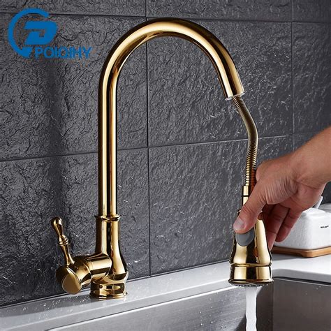 Luxury Golden Double Outlet Kitchen Sink Faucet Hot And Cold Faucet Deck Mounted Swivel
