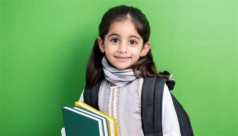 Happy Muslim School Kids Over Green Background Premium Ai Generated Image
