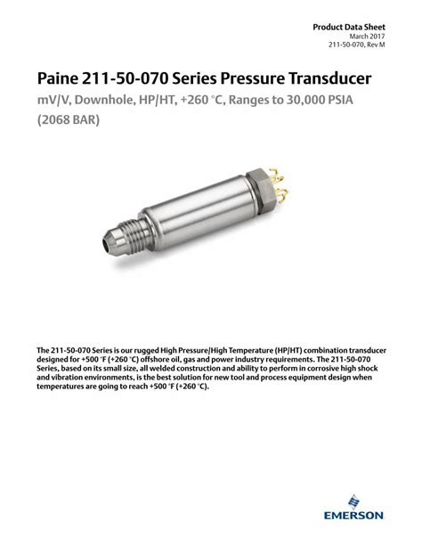 Pdf Product Data Sheet Paine 211 50 070 Series Pressure Transducer Emerson Rosemount Docum