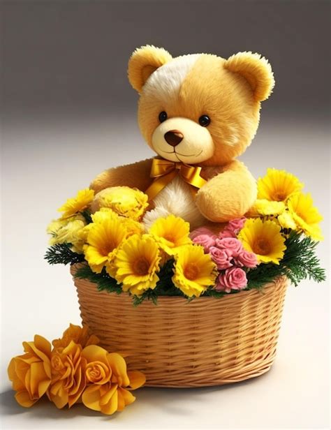 Premium AI Image | There is a teddy bear sitting in a basket with flowers