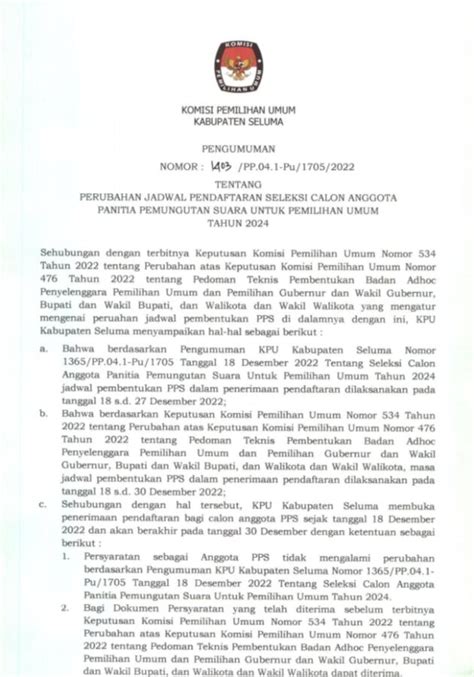 Perubahan Jadwal Seleksi Calon Anggota Panitia Pemungutan Suara Untuk