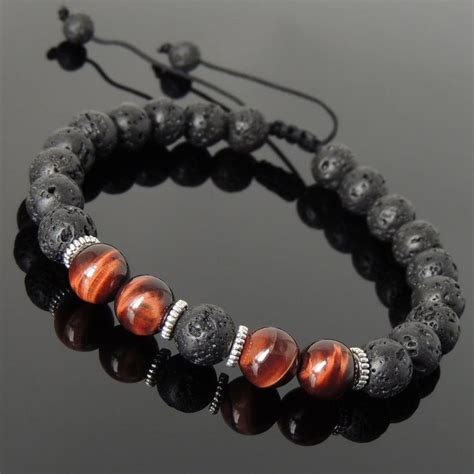 8mm Red Tiger Eye And Lava Rock Adjustable Braided Stone Bracelet With