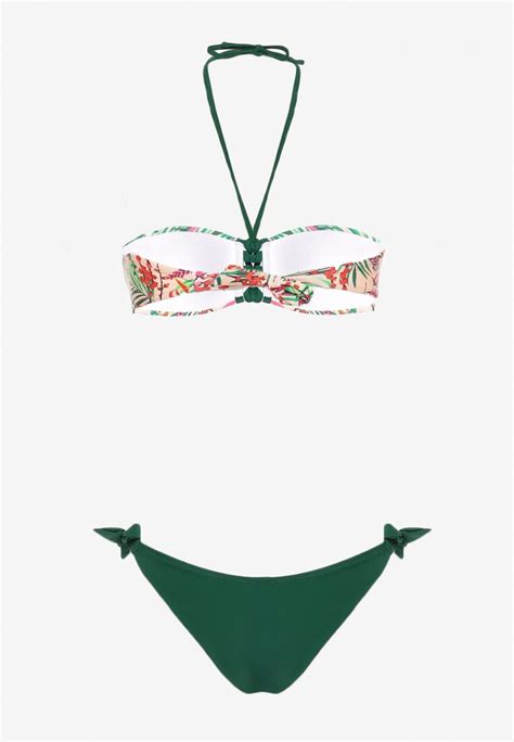 Ciemnozielone Bikini Majtki Figi ze Sznurkami po Bokach i Usztywniany Biustonosz z Wiązaniem