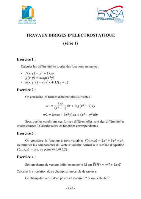 Travaux Diriges Delectrostatique S Rie Travaux Diriges D