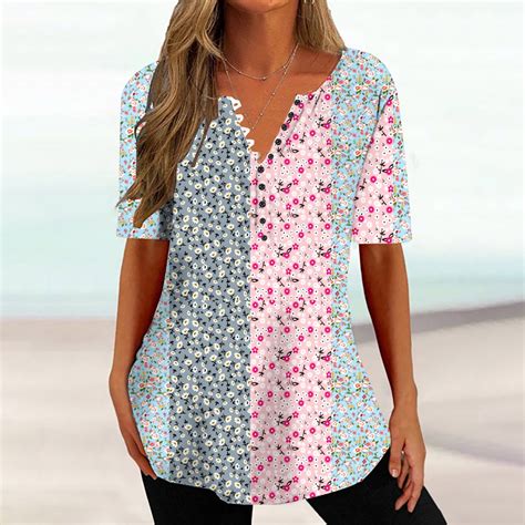 Gersome Women S Casual Boho Floral Print V Neck Short Sleeve Loose Blouses Shirts Tops