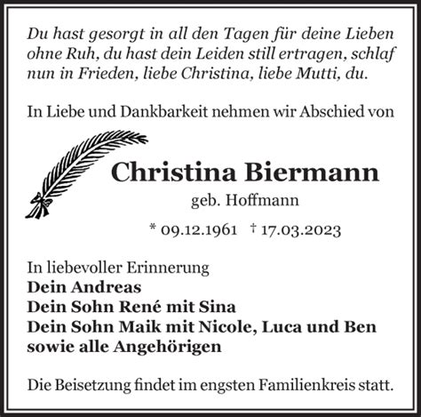 Traueranzeigen von Christina Biermann Märkische Onlinezeitung