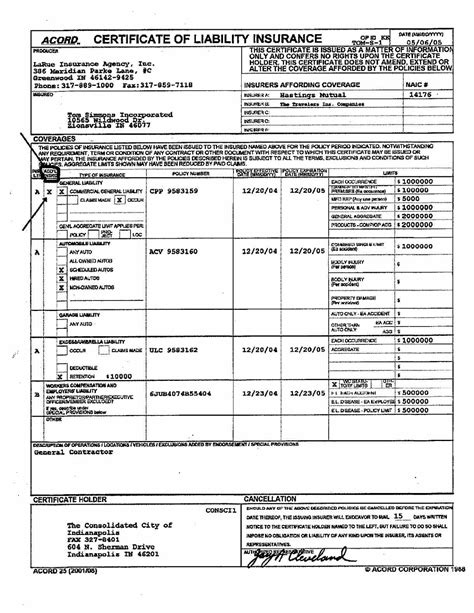 Acord Insurance Certificate Template