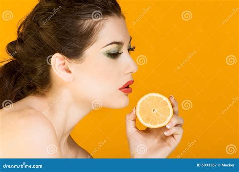 Beautiful Brunette Woman With Slice Of Lemon Stock Image Image Of Adult Attractive 6033367
