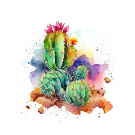 Abstract Watercolor Cactus Mexican Cacti Cute Succulent Generative Ai Illustration Stock