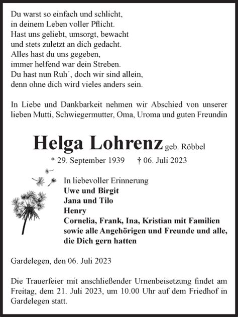 Traueranzeigen Von Helga Lohrenz Abschied Nehmen De