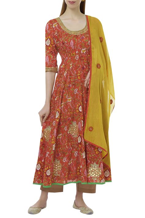 Buy Heli Shah Yellow Cotton Printed Anarkali With Dupatta Online Aza