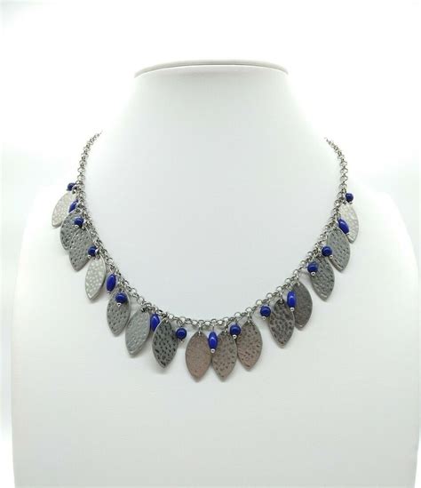 Lia Sophia Necklace Silver Tone Metal Leaves Leaf W Blue Beads Signed