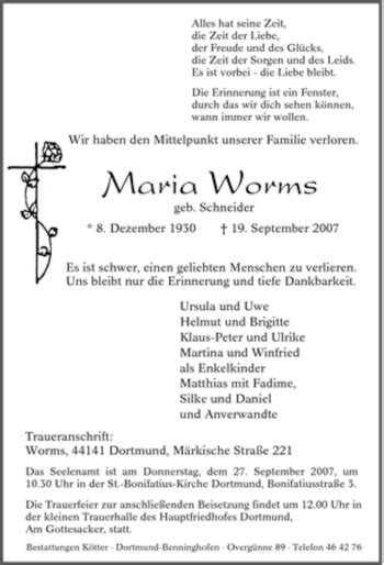 Traueranzeigen Von Maria Worms Trauer In NRW De