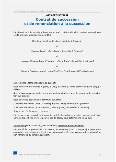 Modèle de contrat de succession et de renonciation à la succession