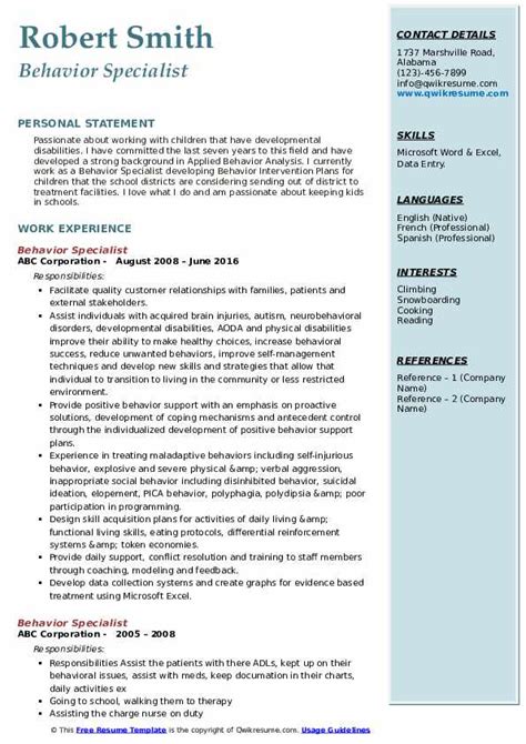 Behavior Specialist Resume Samples Qwikresume