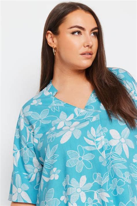 Yours Plus Size Aqua Blue Floral Print Pleat Front Blouse Yours Clothing