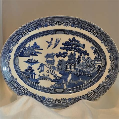 Vintage Blue Willow 12” Oval Platter By Johnson Brothers England Blue