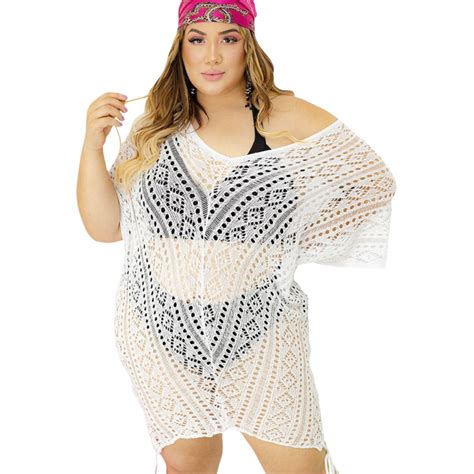 Sa Da De Praia Plus Size Tricot Decote Vestido Manguinha Ver O Soltinha