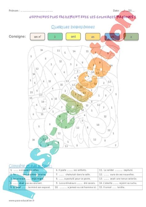 Coloriage Magique Homonymes Homophones CM1 Cycle 3 Pass Education