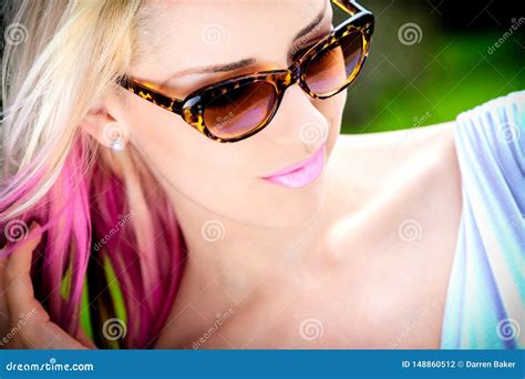 Blonde Woman Wearing Sunglasses Outside Stock Photo Image Of Hair