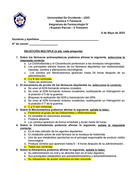 I Parcial Farmacología IV Respuestas Universidad De Occidente UDO