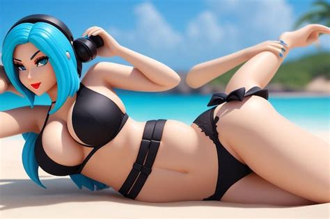 A Woman In A Bikini Is Laying On The Beach And Wearing Headphones Premium AI Generated Image
