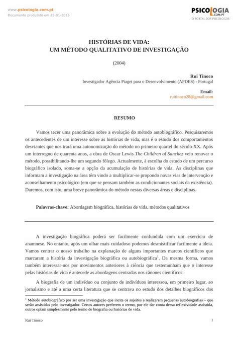 Pdf Histórias De Vida Um Método Qualitativo De Investigação