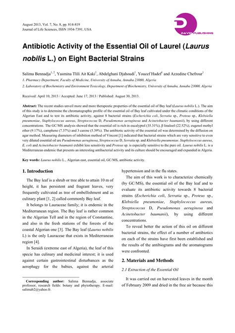 Pdf Antibiotic Activity Of Essential Oil Of Laurel Laurus Nobilis