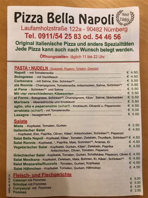 Speisekarte Von Pizza Bella Napoli E K N Rnberg