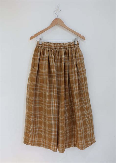 Ichi Antiquites Linen Check Skirt Camel Garmentory