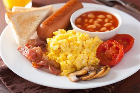 Full English Breakfast With Scrambled Eggs Bacon Sausage Bean Stock