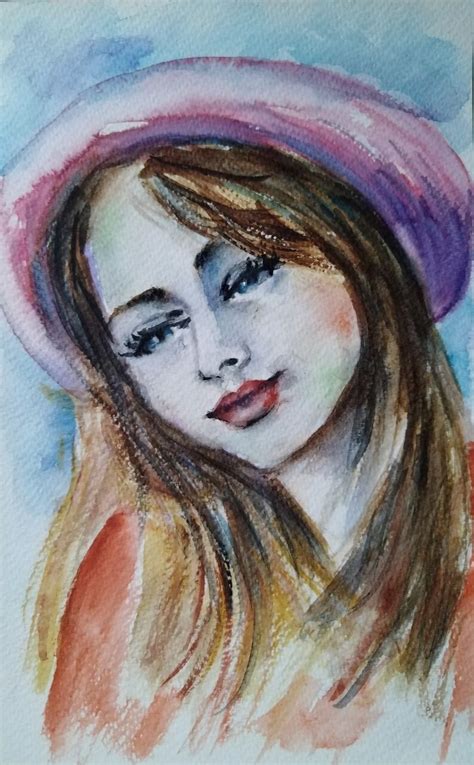 Frau Mit Hut Frau Aquarell Portrait Frau Mit Hut Kontrast Von